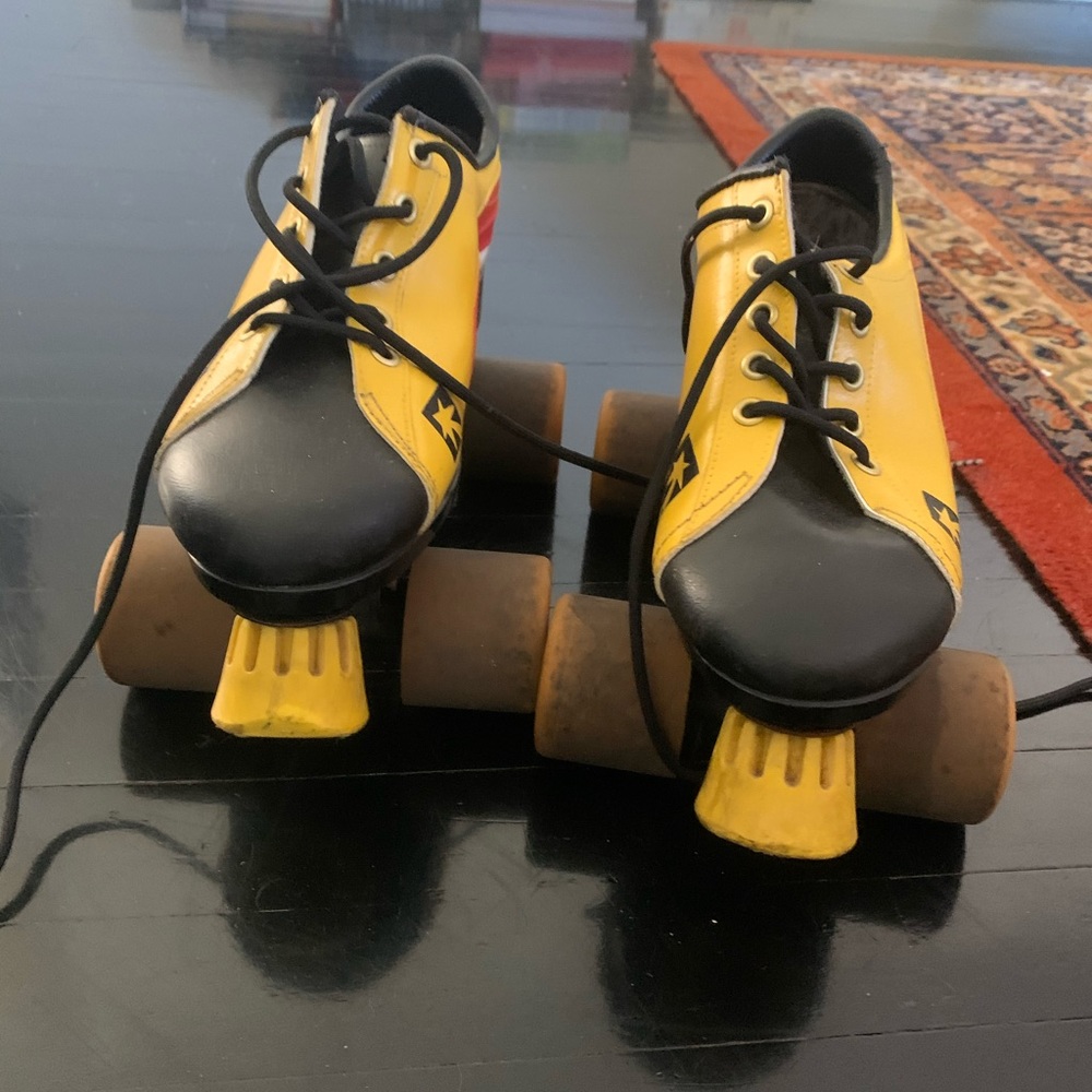 Vintage quad roller skates, size 7, red yellow black
